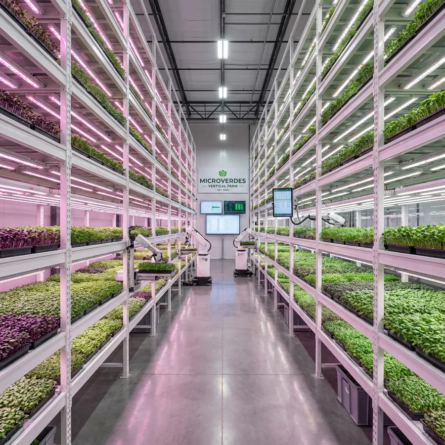 Trays of microgreens on vertical racks